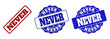NEVER scratched stamp seals in red and blue colors. Vector NEVER labels with draft texture. Graphic elements are rounded rectangles, rosettes, circles and text labels.