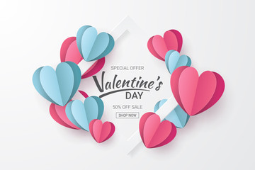 Wall Mural - Valentines day sale background with Heart shape and clouds. Paper cut style. Can be used for Wallpaper, flyers, invitation, posters, brochure, banners. Vector illustration.