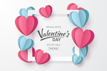 Wall Mural - Valentines day sale background with Heart shape and clouds. Paper cut style. Can be used for Wallpaper, flyers, invitation, posters, brochure, banners. Vector illustration.