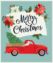 Merry Christmas And Happy New Year Postcard Or Poster Or Flyer Template With Retro Pickup Truck With Christmas Tree. Vintage Styled Vector Illustration.