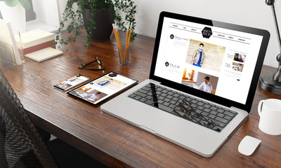 Wall Mural - devices blog on wooden desktop