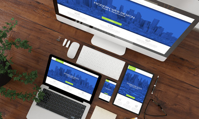 Wall Mural - devices collection top view with fresh and modern website