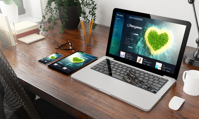 Wall Mural - devices honeymoon on wooden desktop