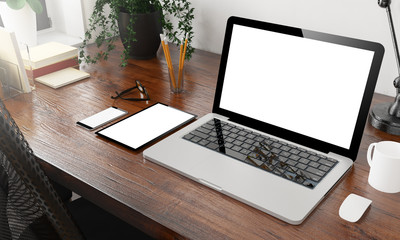 Wall Mural - devices mockup on wooden desktop