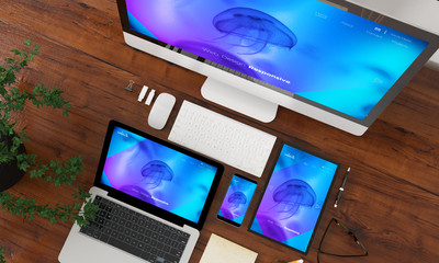 Wall Mural - devices collection top view with responsive website