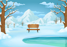 Winter Day Illustration. Snow Covered Wooden Bench By The Frozen Lake With Leafless Trees And Snowy Mountains.