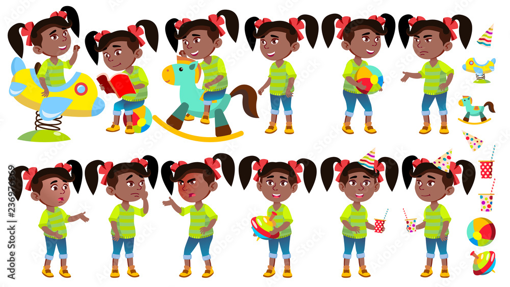 Vetor Girl Kindergarten Kid Poses Set Vector. Black. Afro American ...