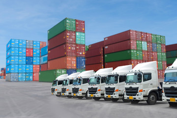 New truck fleet in the container depot as for logistics, transportation, industry concept.