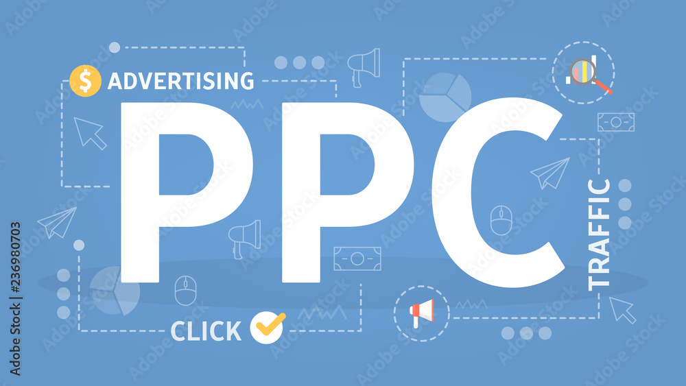 PPC pay per click advertising in the internet - obrazy, fototapety, plakaty 