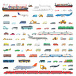 A large set of vector illustrations of various vehicles. Airplanes, ships, trains, cars, tractors, special equipment, buses. Different types and modes of transport.