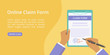 Hands with clipboard claim form web page template. Vector landing concept flat man hand holding document on board with paper clip. Yellow web illustration template with hand, clipboard and claim form