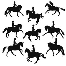 Equestrian. Black And White Vector Silhouettes Of A Riders And Horses.