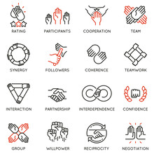 Vector Set Of Linear Icons Related To Relationship, Team Work And Cooperation. Mono Line Pictograms And Infographics Design Elements