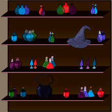 The Wooden Cupboard With Different Potions.