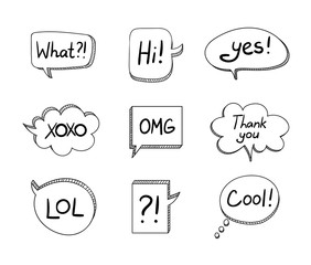 Wall Mural - Vector Set of Hand Drawn 3D Cartoon Talk Bubbles Isolated on White Background, Black Elements.