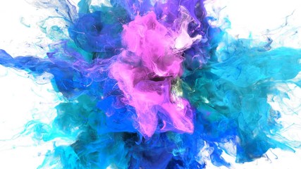 Color Burst - colorful blue pink cyan purple smoke explosion fluid gas ink particles slow motion alpha matte isolated on white