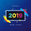 Happy New Year 2019 card theme. Vector background frame for text Modern Art graphics for hipsters.