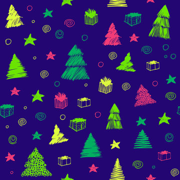 Christmas Tree seamless pattern. Hand drawn vector colored graphic sketch. Cute doodle background