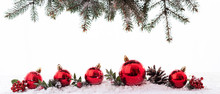 Christmas Background, Snowy Fir Branches And Christmas Balls On Snow