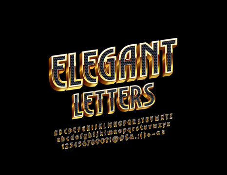 Vector Black and Golden Exclusive Font. Elegant 3D Alphabet Letters, Numbers and Symbols.
