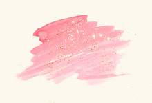 Abstract Pink Watercolor Splash And Golden Glitter In Vintage Nostalgic Colors.