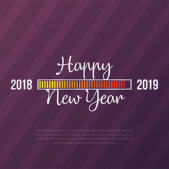Poster - Happy New Year 2019 card theme. yellow loading time button on diagonal magenta strip background