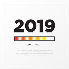 Poster - Happy New Year 2019 card theme. yellow loading time button on white gradient background