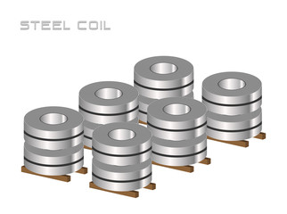 Steel coil, rolled steels in factory warehouse, metal sheet industry