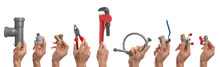 Plumbers Holding Different Tools And Fittings On White Background