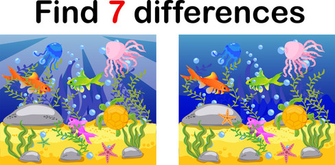  Underwater world, ocean floor with octopus, submarine, whale, fish, corals and sea shells. Educational game for kids: find ten differences.