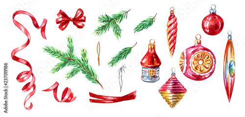 New Year Set Watercolor Painting On White Background Isolated