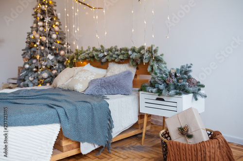White Cozy Modern Bedroom With Holiday Decoration Wooden