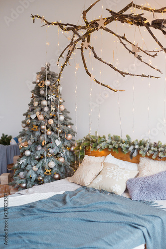 White Cozy Modern Bedroom With Holiday Decoration Wooden
