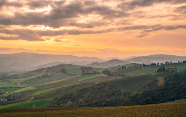 The hills in the southwest of Bologna; production area of typical wine named Pignoletto. Bologna province, Emilia Romagna, Italy.