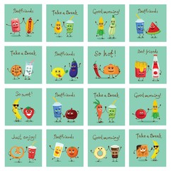  Cartoon cards with funny food friends characters vector illustrations with hand drawn funny quotes - Vector