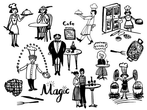picture of a large set of isolated elements in the style of a vintage comic illustration, chefs, waiters and visitors to a cafe, a sketch of a hand-drawn cartoonish cartoon illustration
