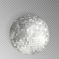 Glitter disco ball vector. Silver mirrorball isolated. Discoball shine light effect. Night club deco