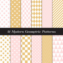 Gold, Blush Pink And White Geometric Seamless Vector Patterns. Subtle Feminine Pastel Color Backgrounds. Repeating Pattern Tile Swatches Included.
