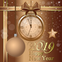 Wall Mural - Greeting card with golden antique clock and Christmas decorations. Five minutes to midnight. Happy New Year 2019. Vector illustration