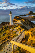 Travel New Zealand, North Island. Beautiful Scenic Landscape, Panoramic View Of Castlepoint Lighthouse. Tourist Popular Attraction/landmark In Wairarapa Area.