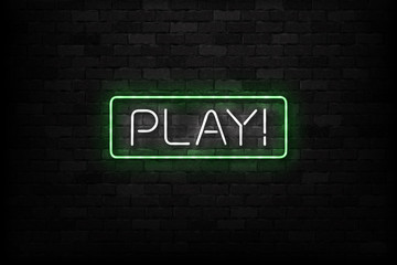 Wall Mural - Vector realistic isolated neon sign of Play logo for decoration and covering on the wall background. Concept of gaming and video games.