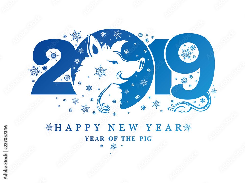 Year of the Pig. 2019. Blue New Year pattern 2019 and smiling boar head and snowflakes. Vector template New Year's design on the Chinese calendar.  - obrazy, fototapety, plakaty 