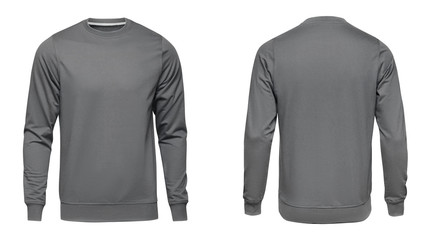 Wall Mural - Blank template mens gray pullover long sleeve, front and back view, isolated on white background. Design sweatshirt grey mockup for print