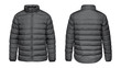Blank template grey down jacket with zipped, front and back view isolated on white background. Mockup gray winter jacket for your design