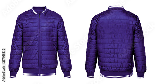 Fotomural Blank template purple jacket bomber with white stripe, front and back view isolated on white background
