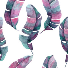 Wall Mural - Watercolor seamless pattern with palm pink and lilac leaves. Summer decoration print for wrapping, wallpaper, fabric. Hand drawn illustration