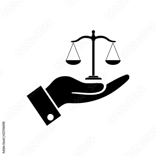 Fotografía Hand holding Scales justice icon, logo on white background