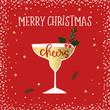 Merry Christmas, Happy New Year greeting card. Cocktail, wine glass with holly berries. Cheers handletterd text. Winter celebration, party concept. Red background with snow and golden stars.