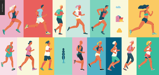 marathon race group - flat modern vector concept illustration of running men and women wearing summe