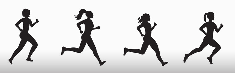 Silhouette of three running women. Vector illustration